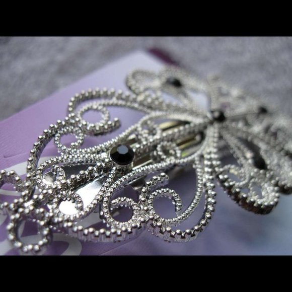 Goody Rhinestone Silver Metal Hair Barrette Clip Fancy Vine Curls Black Gems - Picture 4 of 5